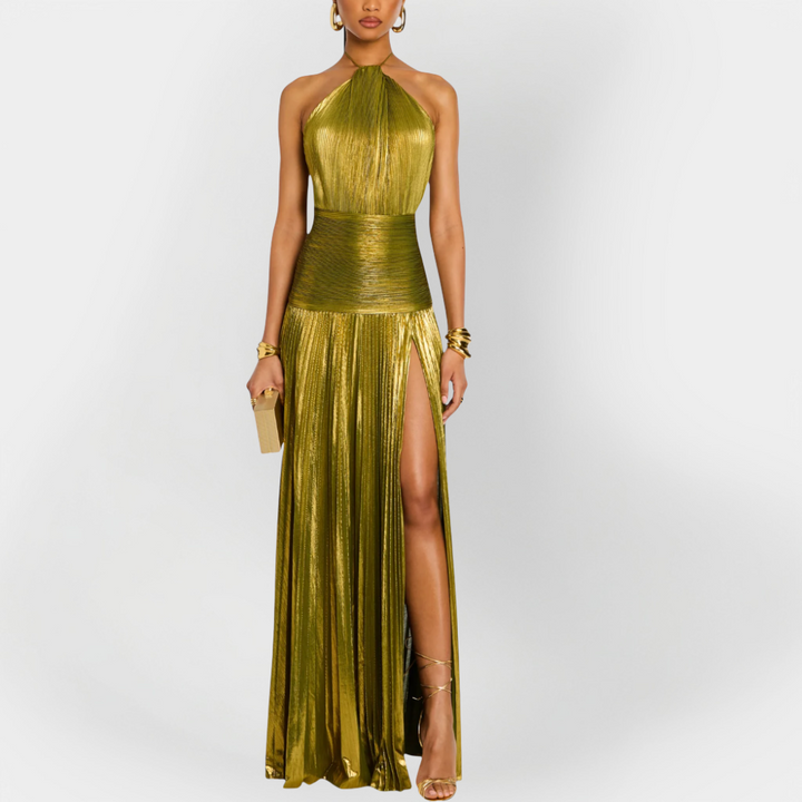 Long Metallic Dress with Neck Tie and Split