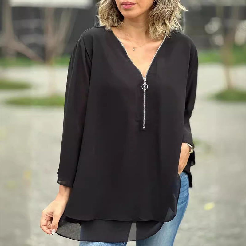Lola - V-Neck Flowy Zipped Top