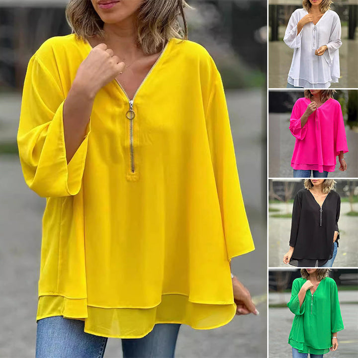 Lola - V-Neck Flowy Zipped Top